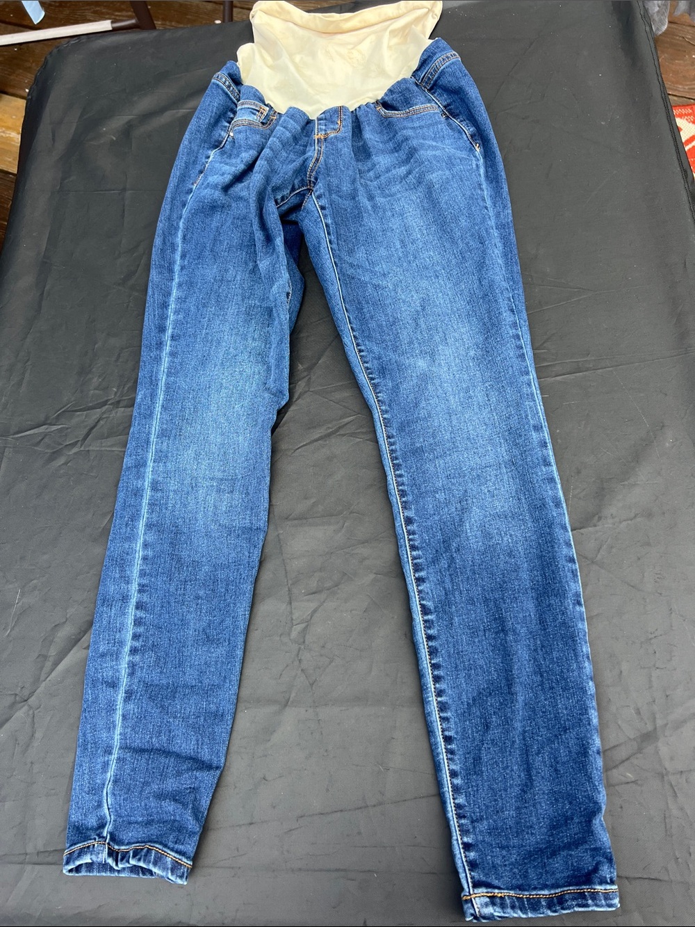 Jessica Simpson Blue Denim Slim Straight Maternity Jeans with Cream Panel